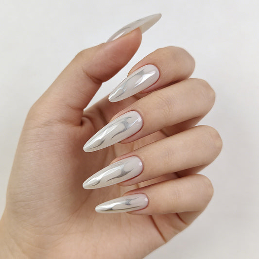 Glamorous Elegance Long Almond Shaped Silver Press-On Nails with Shimmering Mirror Finish