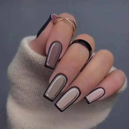 Chic Elegance Long Square Gray and Beige Ombre Design Nail Set
