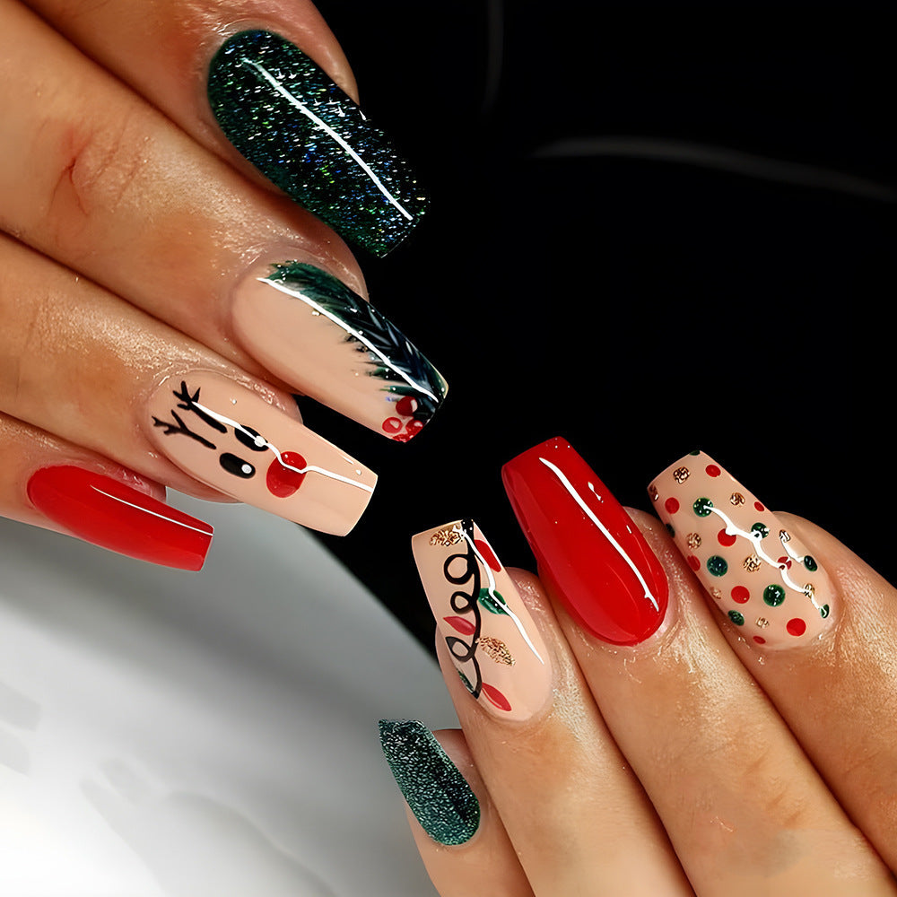Festive Holiday Glam Long Coffin Red Green and Beige Press on Nail Set with Glitter and Cute Reindeer Design