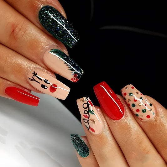 Festive Holiday Glam Long Coffin Red Green and Beige Press on Nail Set with Glitter and Cute Reindeer Design