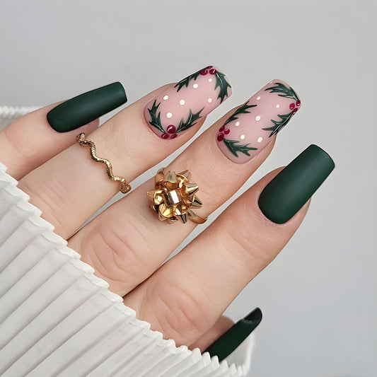 Holiday Cheer Long Square Matte Green and Pink Festive Nail Set with Holly and Berry Design