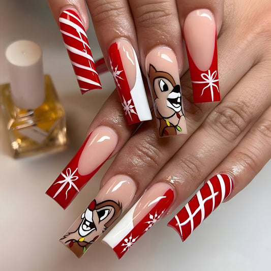 Festive Holiday Magic Long Square Red Candy Cane Press On Nail Set With Cute Character Design And Snowflake Accents