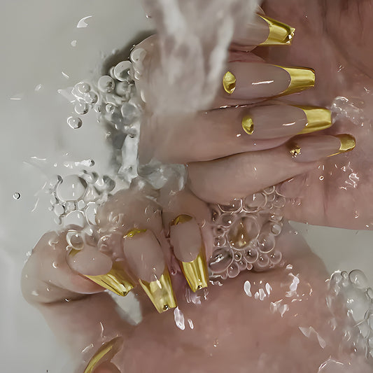 Majestic Golden Waves Long Coffin Shaped Beige and Gold Press On Nail Set with Unique Water Drop Design