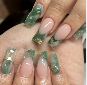Ethereal Elegance Long Square Green and Clear Nails with Gold Flakes