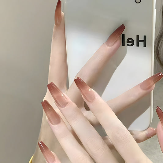 Enchanting Sunset Long Coffin Ombre Brown Press On Nail Set with Glossy Finish