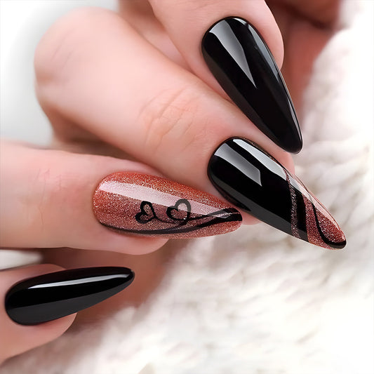 Chic Glamour Long Stiletto Black and Glittery Copper Press On Nail Set with Unique Heart Design