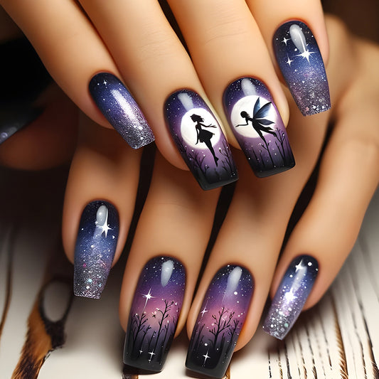 Whimsical Fantasy Long Square Ombre Purple with Enchanting Fairy Design Press-On Nail Set