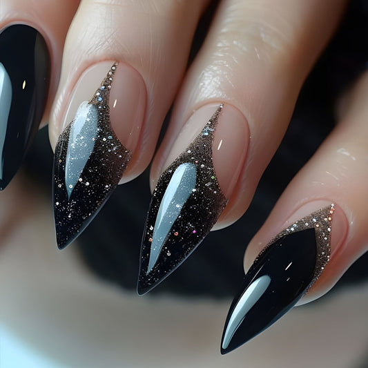 Mystical Night Medium Stiletto Black and Sparkling Ombre Press on Nail Set