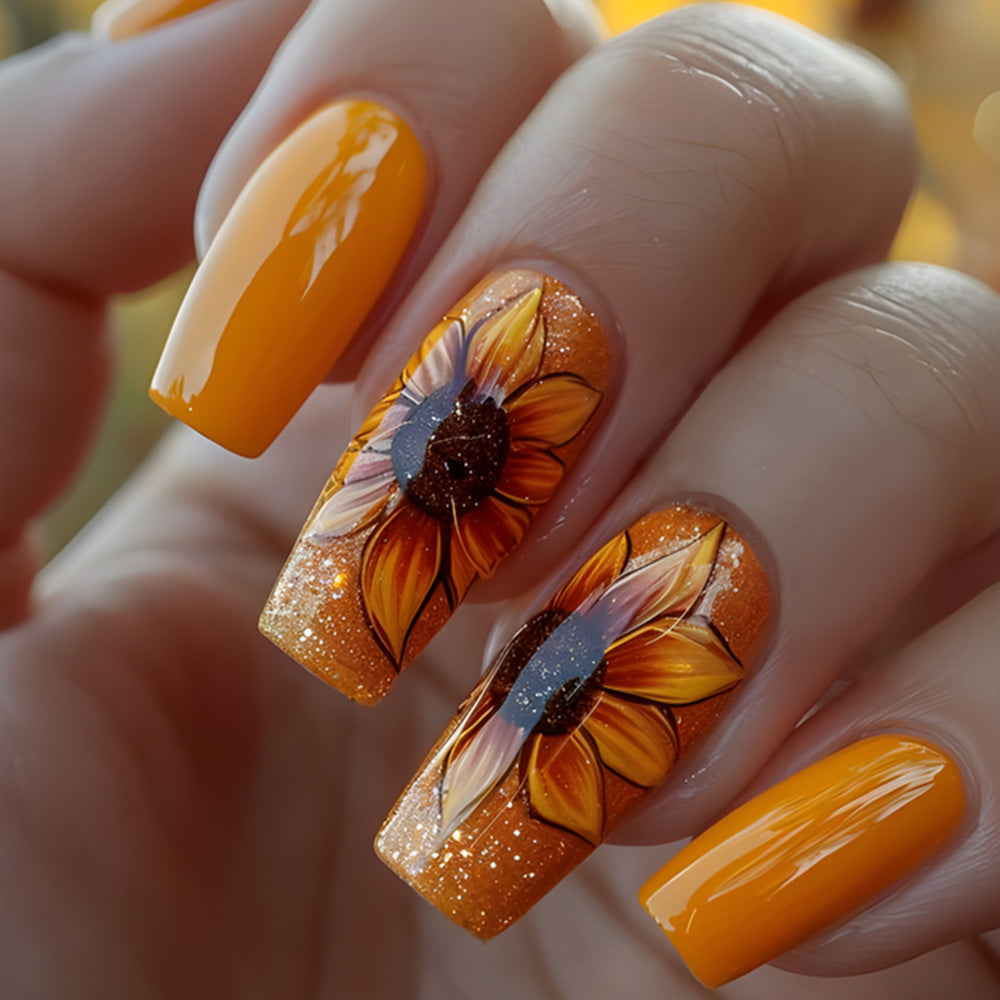 Sunflower Delight Medium Square Bright Yellow with Stunning Floral Art Press On Nail Set