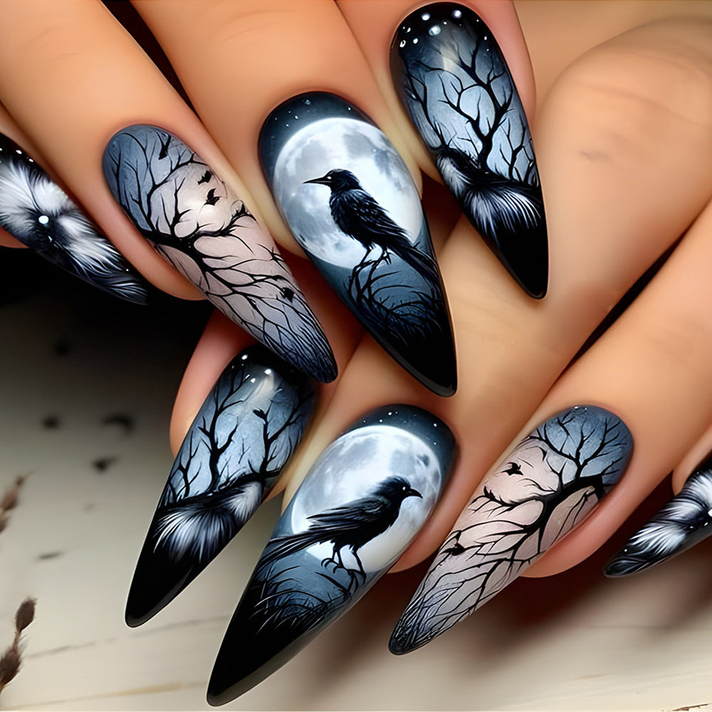 Mystical Night Raven Long Stiletto Black Ombre Nail Set with Enchanting Moonlit Design
