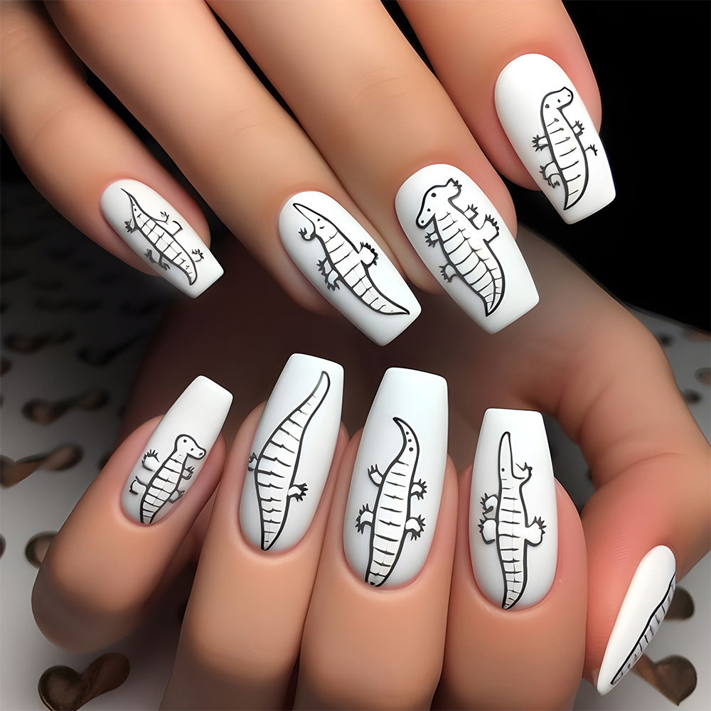 Crocodile Adventure Medium Coffin Matte White Nail Set with Unique Animal Graphics
