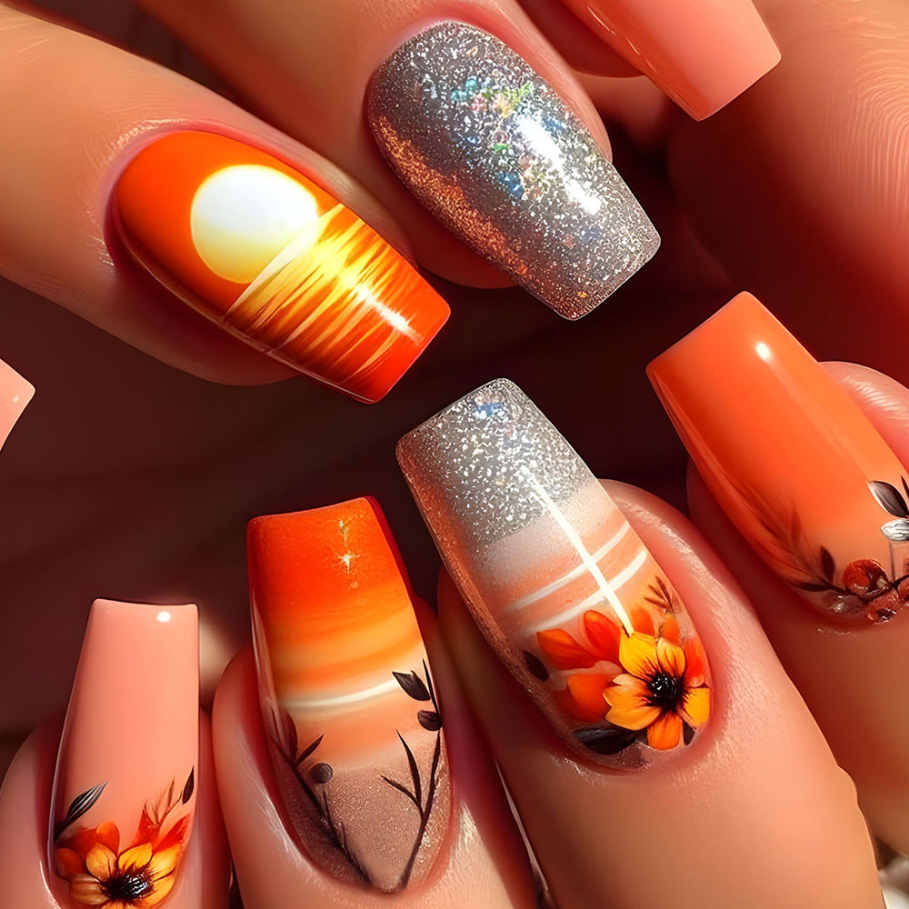 Sunset Glow MEdium Square Orange Glitter Press On Nail Set with Floral Design