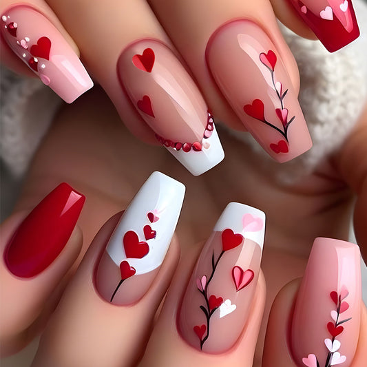 Romantic Whimsy Medium Coffin Shaped Red and Pink Press on Nail Set with Heart Motif and Glimmering Accents