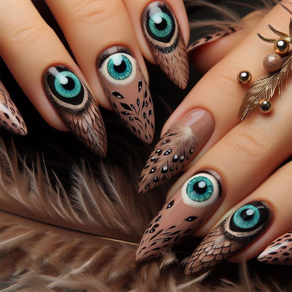 Mystical Owl Dream Medium Almond Turquiose Feathered Design Press On Nail Set