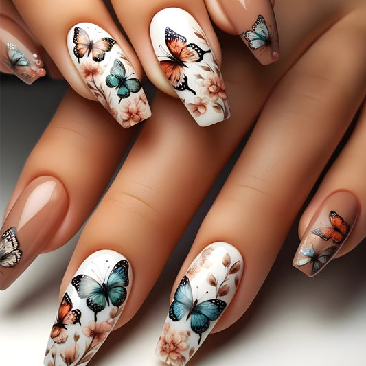 Whimsical Butterfly Theme Medium Coffin Shaped Multicolored Press On Nail Set with Stunning Floral Artwork