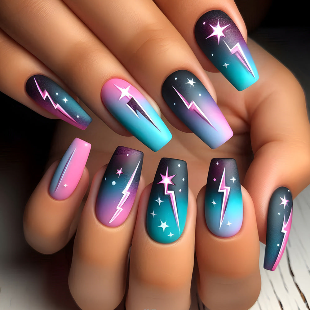 Cosmic Vibes Extra Medium Coffin Gradient Blue Pink with Lightning Design Press-On Nail Set