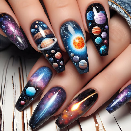 Cosmic Dreamscape Long Coffin Shaped Deep Space Black Press On Nail Set with Celestial Galaxy Design