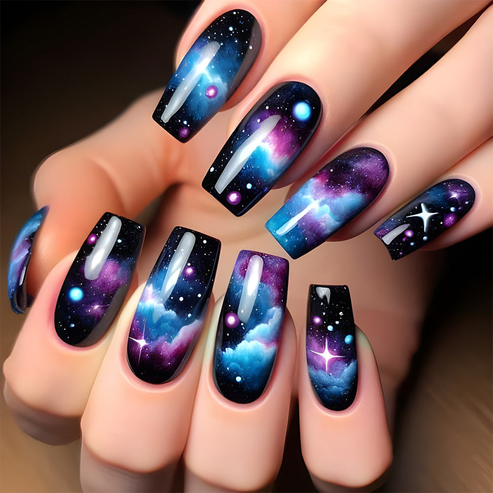 Cosmic Dream Far Medium Square Shape Stellar Galaxy Theme Press On Nail Set in Vibrant Blue and Purple Celestial Design
