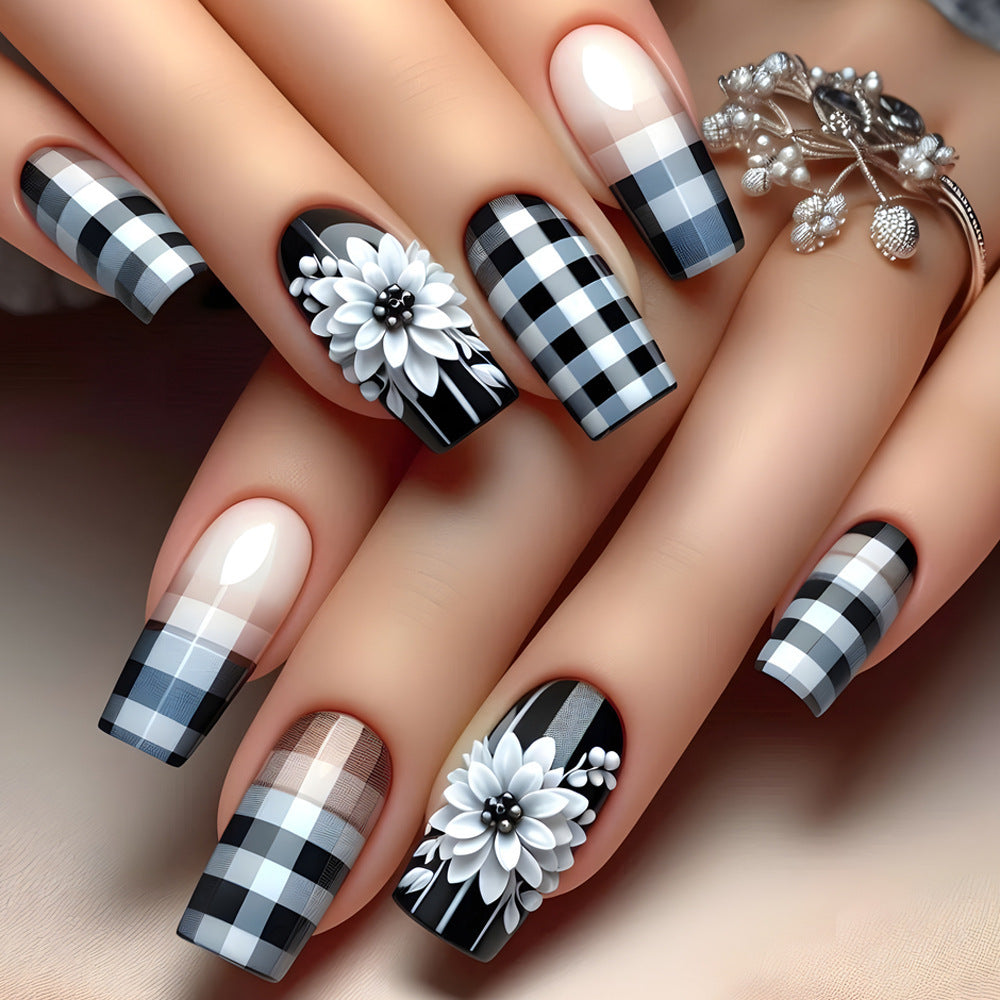 Chic Elegance Long Square Black and White Checkered Design with Floral Accent Press On Nail Set