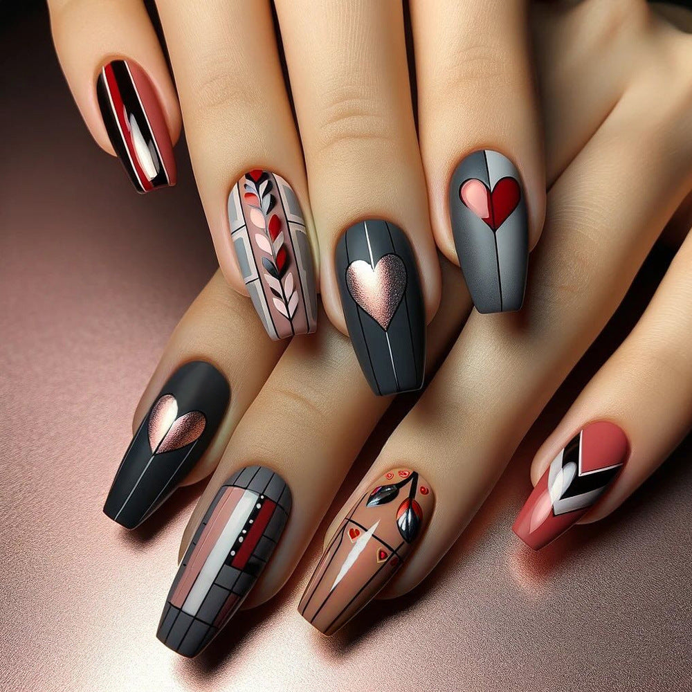 Romantic Heartbeat Medium Coffin Shaped Matte Black and Red Nail Set with Intricate Design