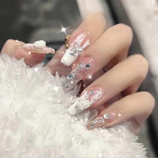 Glamorous Fairy Tale Long Coffin Press On Nails in Sparkling White with Floral and Gemstone Accents