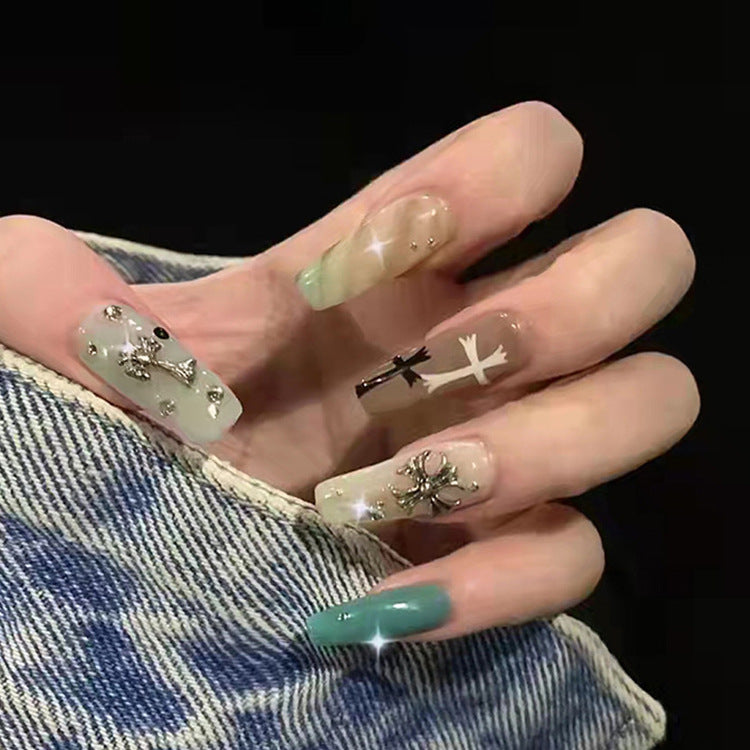 Mystical Elegance Long Coffin Green Ombre with Intricate Metallic Accents Press On Nail Set