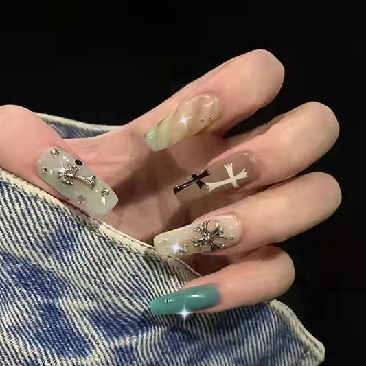 Mystical Elegance Long Coffin Green Ombre with Intricate Metallic Accents Press On Nail Set