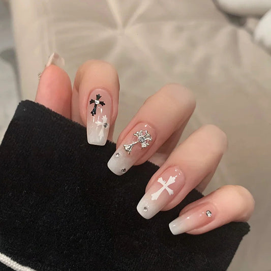Divine Elegance Long Coffin Press On Nail Set in Gradient White and Black with Stunning Cross and Gemstone Accents