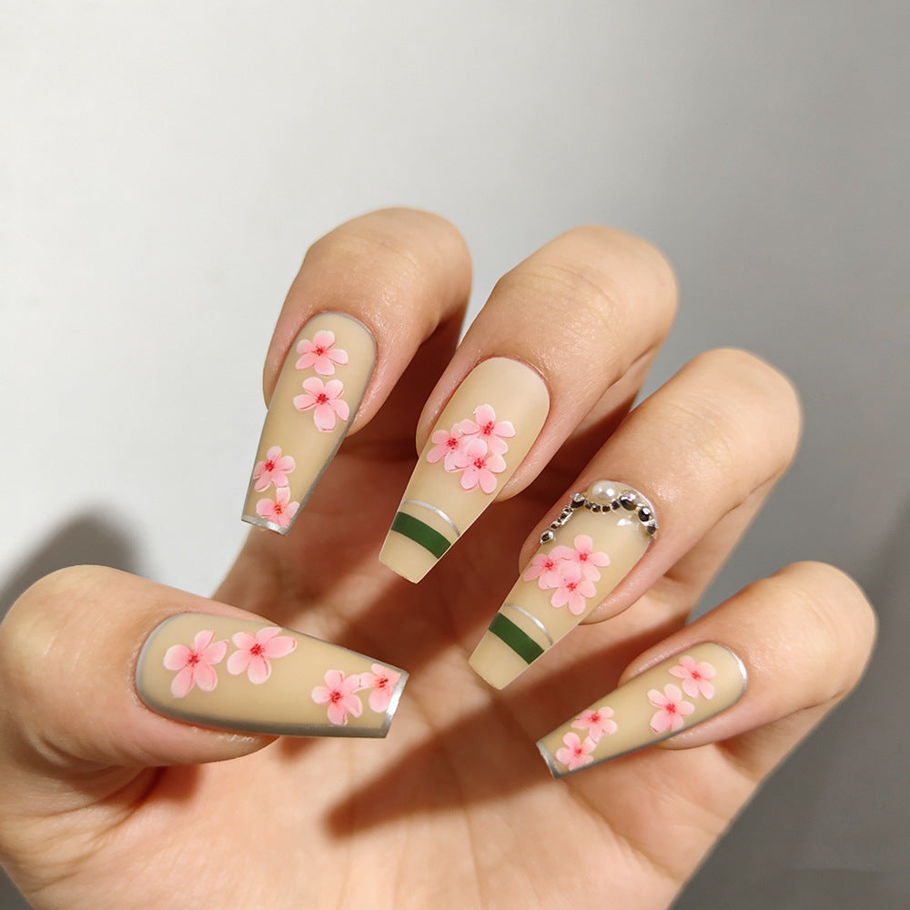 Blossom Elegance Long Coffin Beige Press On Nail Set with Floral Design and Rhinestone Accent