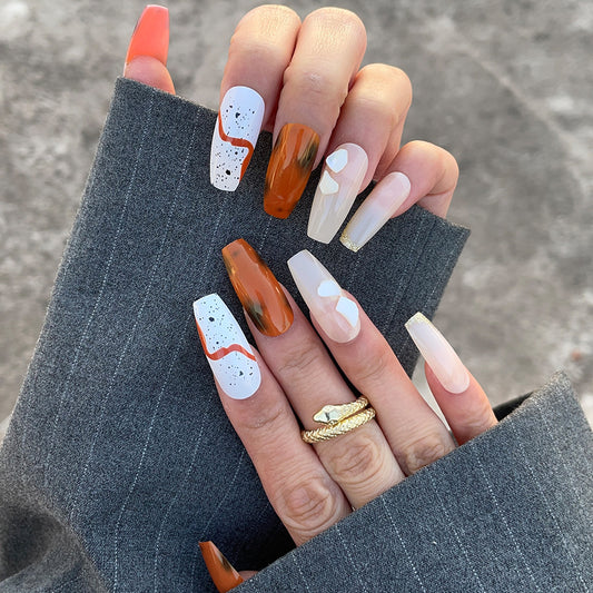 Autumn Elegance Long Coffin Press On Nail Set in Brown White and Orange with Unique Abstract Design