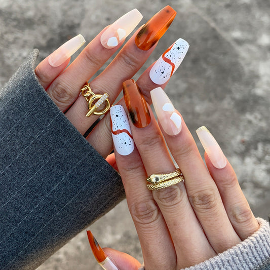Autumn Radiance Long Coffin Shaped Ombre Orange and White Press On Nail Set with Artistic Design Elements