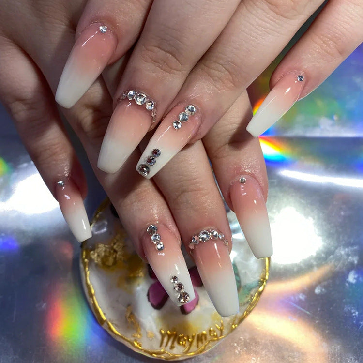 Glamourous Elegance Long Coffin Gradient Pink and White Press On Nail Set with Rhinestone Accents