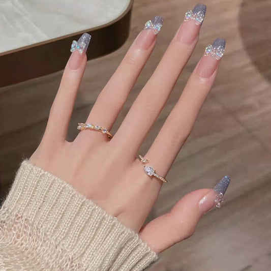 Enchanting Elegance Long Coffin Gradient Blue with Dazzling Bow Accents Press On Nail Set