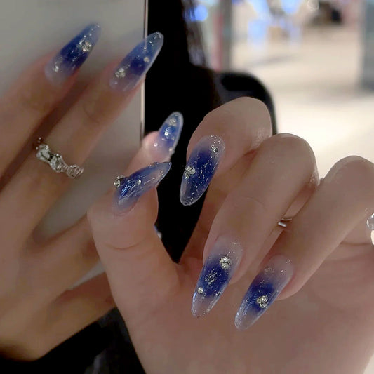 Galactic Dreams Long Almond Ombre Blue Press-On Nail Set with Glitter Accents
