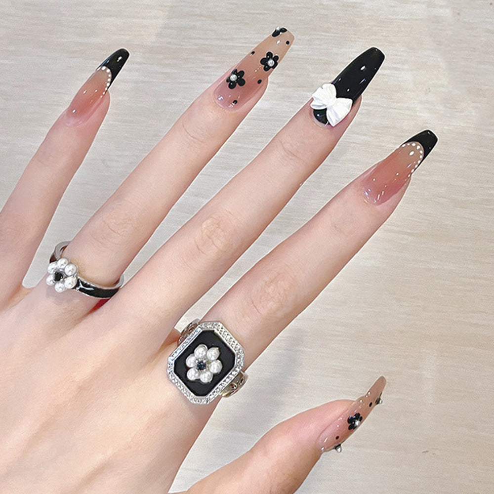 Chic Elegance Long Coffin Press On Nail Set Glossy Beige and Black with Floral and Bow Accents