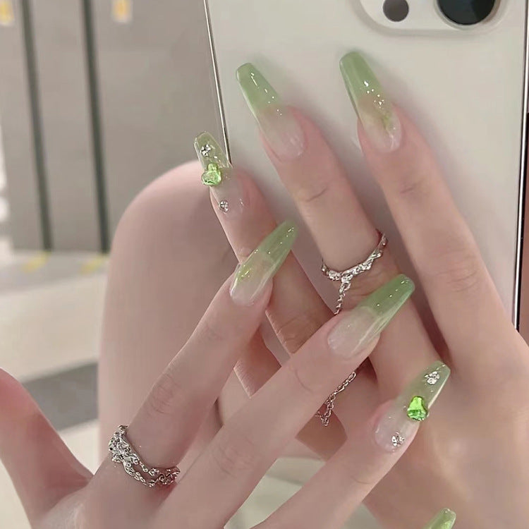 Nature's Elegance Long Coffin Ombre Green Press-On Nail Set with Sparkling Hearts and Gemstone Accents