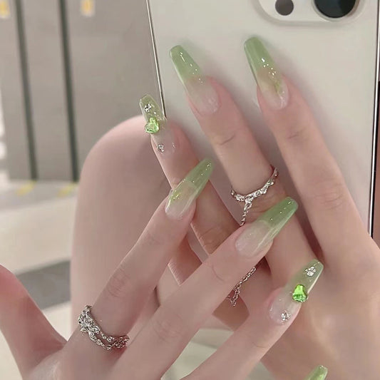 Nature's Elegance Long Coffin Ombre Green Press-On Nail Set with Sparkling Hearts and Gemstone Accents