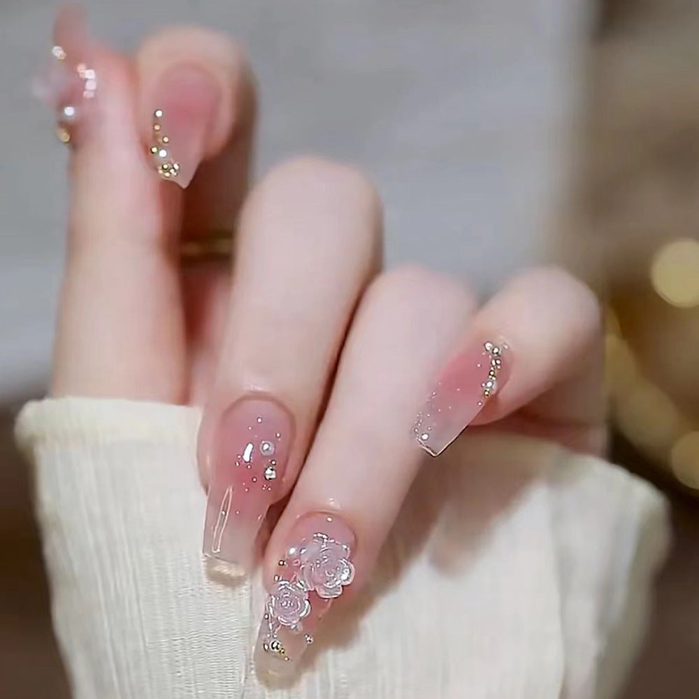 Whimsical Blossom Long Coffin Pink with Floral Embellishments Press on Nail Set