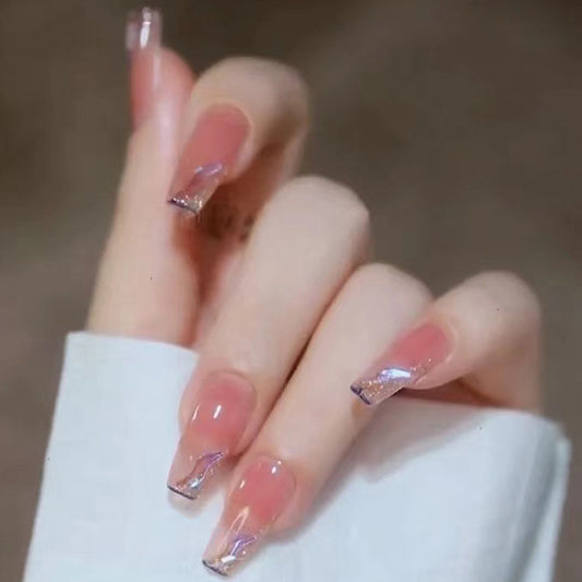 Celestial Dream Long Coffin Blush Pink Nails with Glittering Ombre Tips