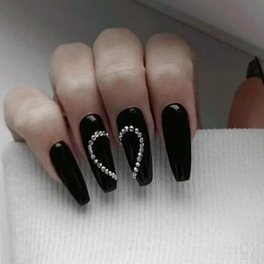Gothic Elegance Long Coffin Press On Nails in Black with Heart Shaped Rhinestone Accents