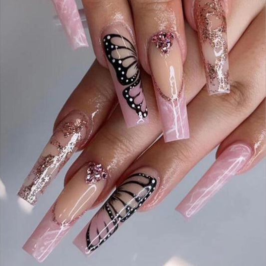 Butterfly Dreams Long Square Pink Press On Nail Set with Glitter and Rhinestone Accents