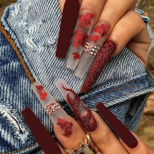 Autumn Elegance Long Coffin Burgundy Press On Nail Set with Unique Floral Design and Glitter Accents