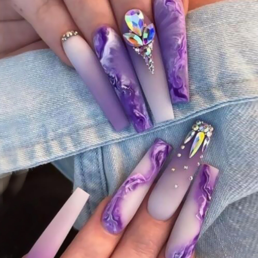 Enchanted Violet Press On Nail Set Long Coffin Shape Ombre Purple with Gemstone Accents