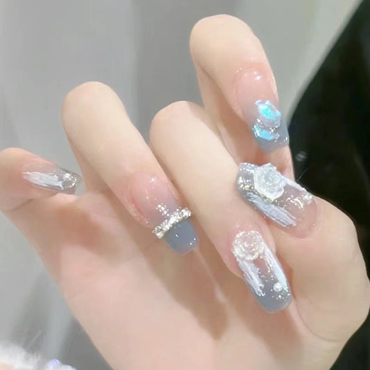 Celestial Elegance Long Coffin Translucent Blue and Glittering Floral Press on Nail Set