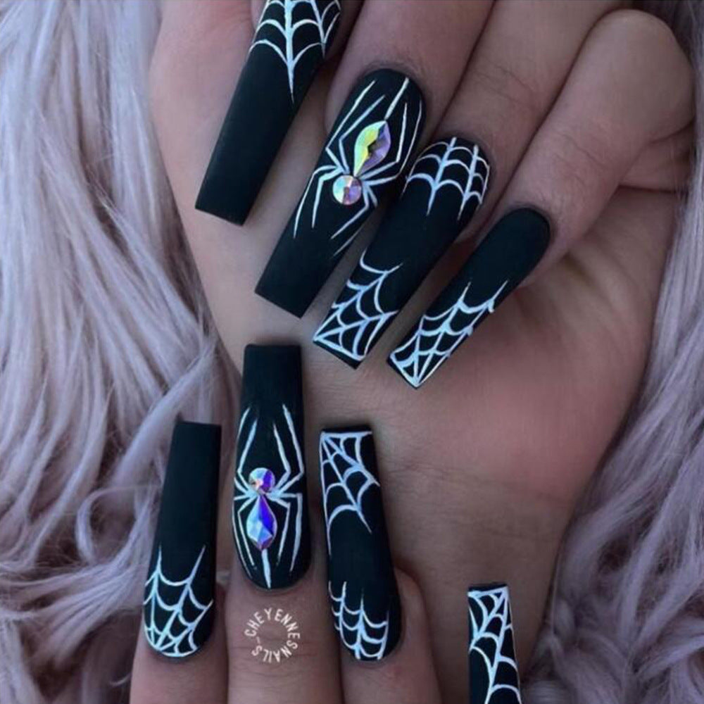 Spooky Chic Long Coffin Matte Black Press On Nail Set with Spider and Web Design