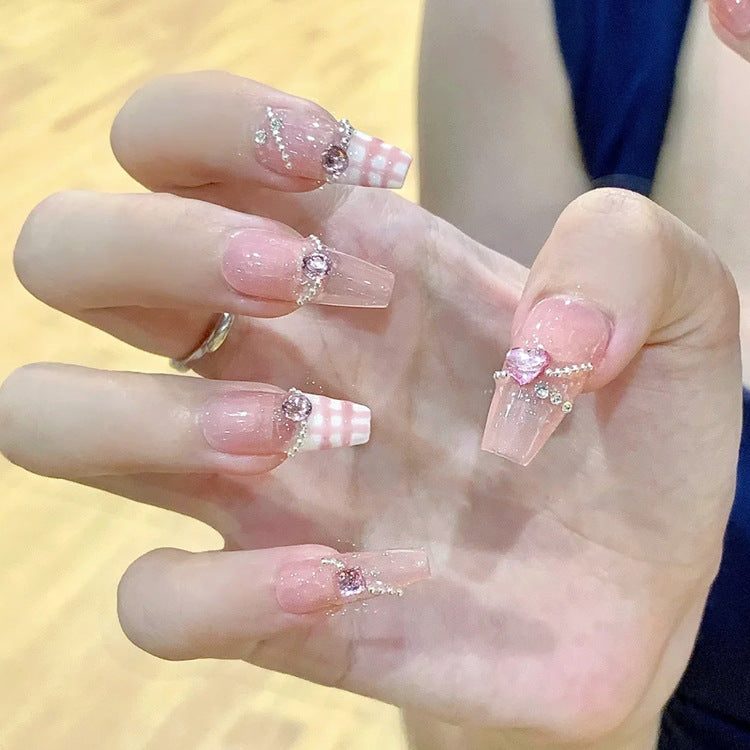 Charming Dreamscape Long Coffin Pink and Clear Press on Nail Set with Rhinestone Accents