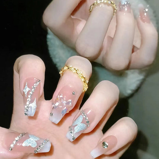 Glamorous Twilight Long Coffin Clear with Sparkling Rhinestones Press-On Nail Set