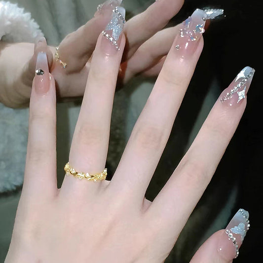 Glamorous Elegance Long Coffin Clear with Silver Glitter and Rhinestone Accents Press On Nail Set