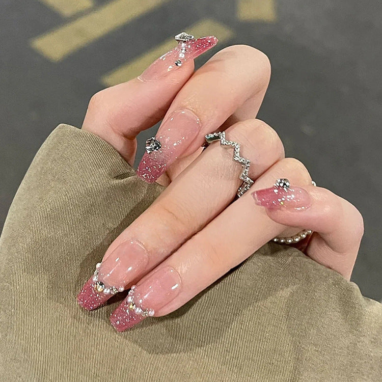 Glamorous Jewel Inspired Long Coffin Pink Press On Nail Set with Rhinestone Embellishments