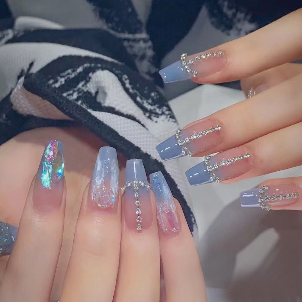 Celestial Dream Long Coffin Gradient Blue with Dazzling Rhinestone Accents Press-On Nail Set